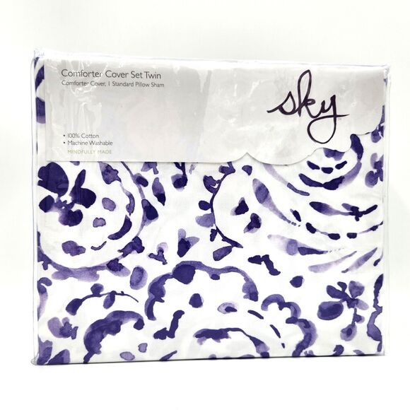 Sky Emilia White/Lilac 100% Cotton Paisley Boho Duvet/Pillow Sham Set Size Twin - Picture 3 of 6